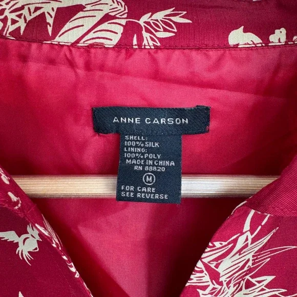 Vtg Anne Carson Silk Blouse Womens M Red Gold Asian Inspired 3/4 Sleeve Tie Cuff - Picture 3 of 7